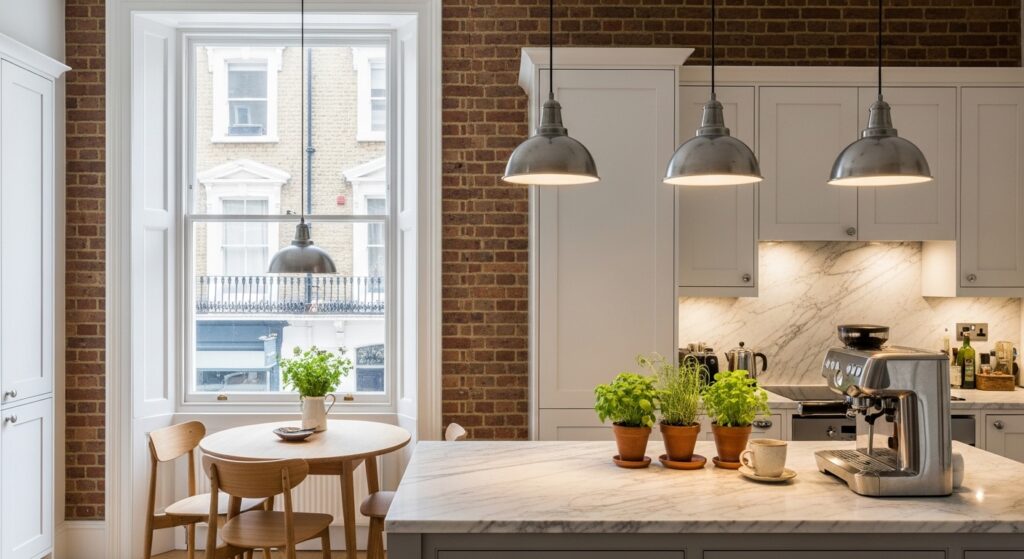 Professional residential interior photography of a styled London Victorian kitchen with balanced natural and artificial lighting