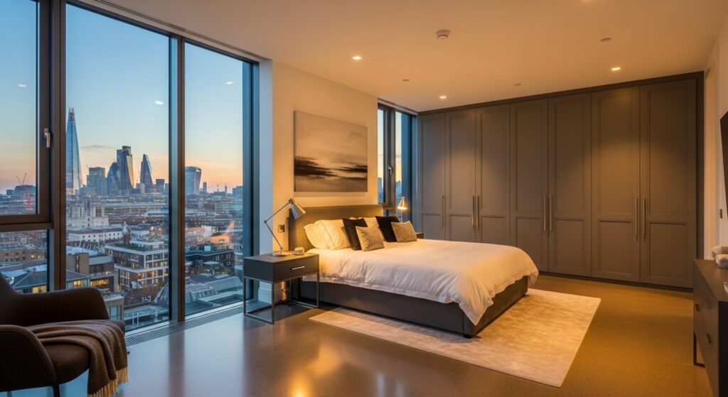 Luxury London new build apartment interior photography with crittall windows, London skyline view and designer furnishings for property developers