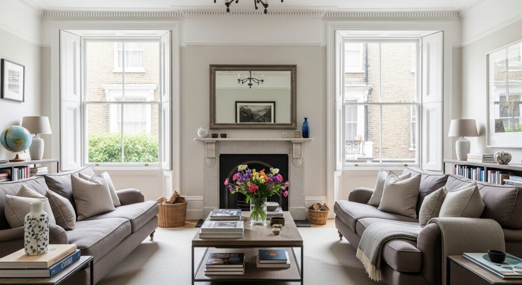 Beautifully prepared London Victorian terraced house living room with fresh flowers, styled cushions and sash windows ready for a residential interior photography shoot