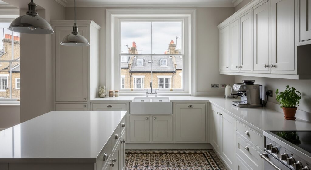 Professionally styled London Victorian terraced house kitchen with cleared worktops, Shaker units, original floor tiles and sash window prepared for a residential interior photography shoot