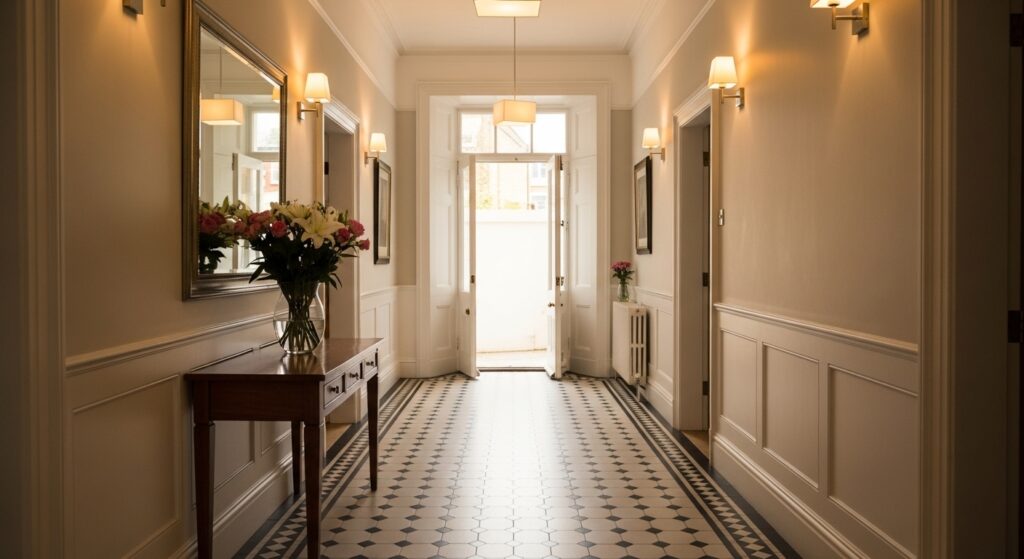 Bright London period property entrance hallway with Victorian tile floor, fresh flowers on console table and sash window open, fully prepared on interior photography shoot morning