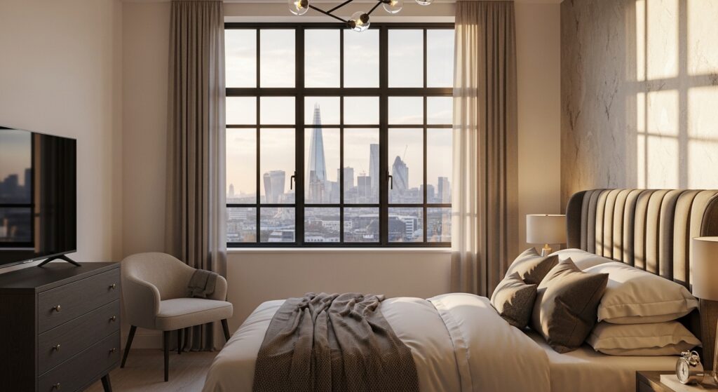 Luxury London new build developer show apartment bedroom professionally styled with crittall windows, London skyline view and bespoke fitted wardrobes for an interior photography shoot