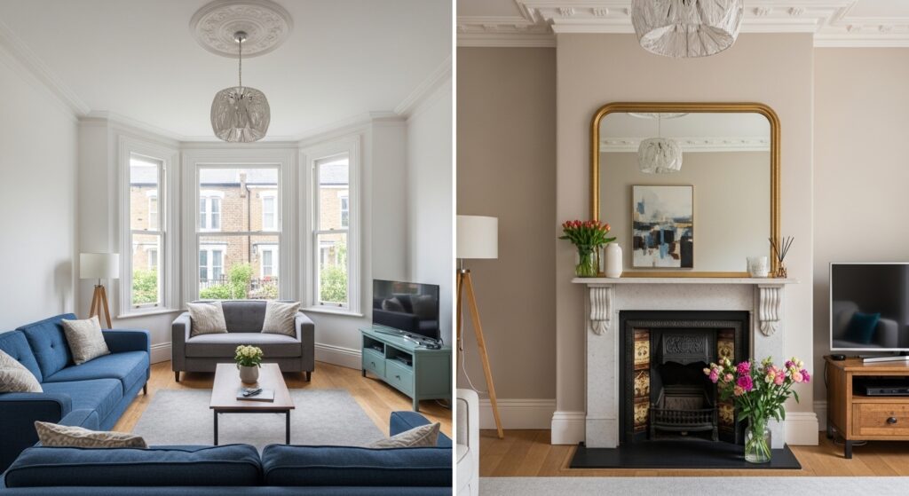 Split comparison of a London Victorian living room shot by a residential interior photographer versus a real estate photographer showing the difference in lighting and composition