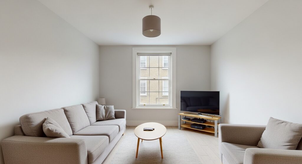 Standard real estate photography of a London flat living room with wide-angle composition and on-camera flash typical of property listing images