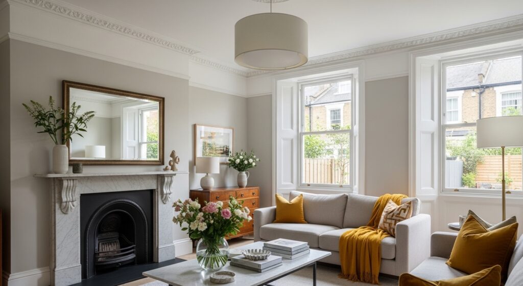 Editorial residential interior photography of a London Victorian terraced house living room with original cornicing, marble fireplace and beautifully styled details