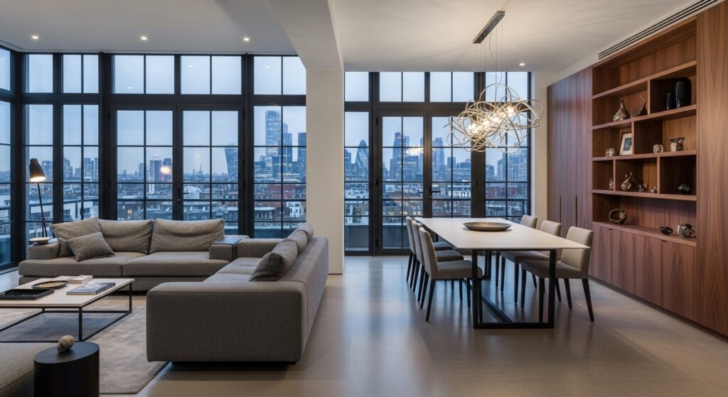 Premium London new build apartment living and dining room with crittall windows and London skyline view photographed for developer marketing by a residential interior photographer
