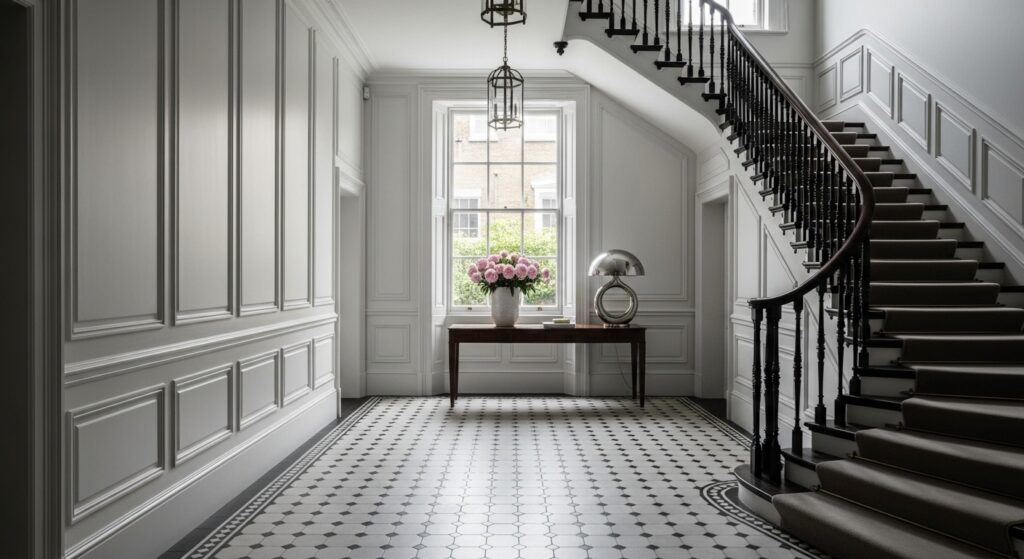 London Georgian townhouse entrance hallway with Victorian tile floor and panelled walls captured by a residential interior photographer for premium marketing