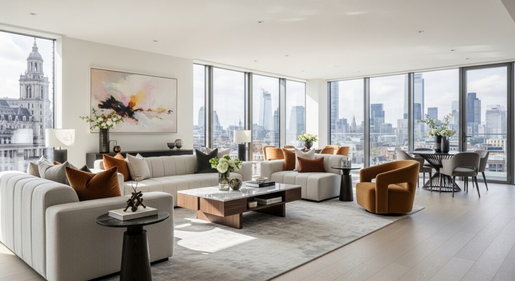 Residential architectural photography of a luxury London living space with natural light and modern interior design