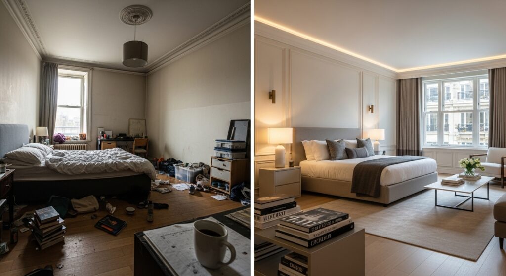 Comparison of amateur vs professional residential architectural photography in a London apartment