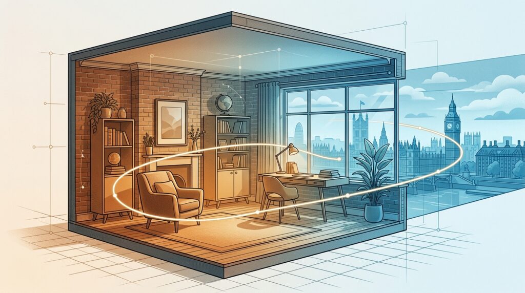 Conceptual illustration showing AI depth mapping and spatial analysis of a London interior room used to generate AI cinematic interior video motion from a still photograph