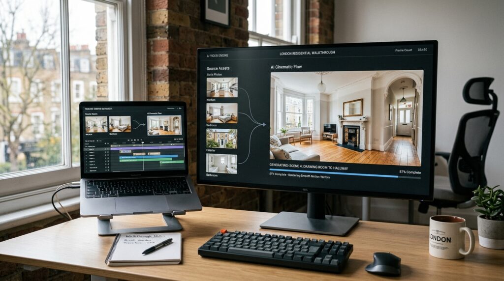 Modern workspace showing the AI interior video generation process converting interior photographs into a cinematic property marketing video walkthrough