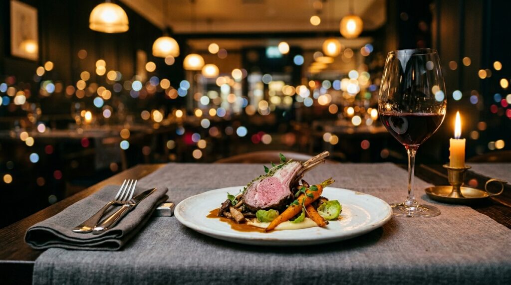 Beautifully plated seasonal dish on a dressed London restaurant table with candlelight and wine glass by a food photographer London