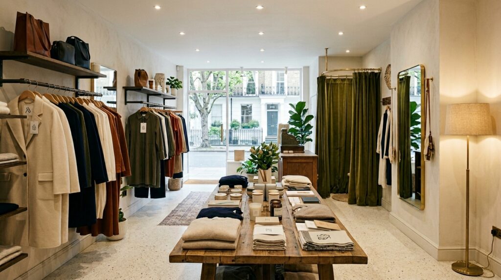London independent boutique in Chelsea with warm recessed lighting terrazzo flooring and curated product display for retail interior photography