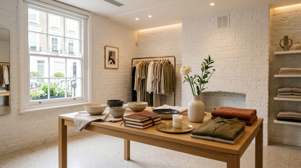 London Chelsea boutique with curated display table fresh floral stem and warm recessed lighting for retail store photography