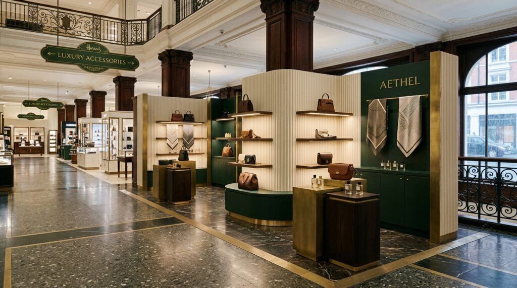 Luxury brand concession installation in a Knightsbridge premium retail environment with bespoke display plinths and warm directional lighting by a Harrods photographer