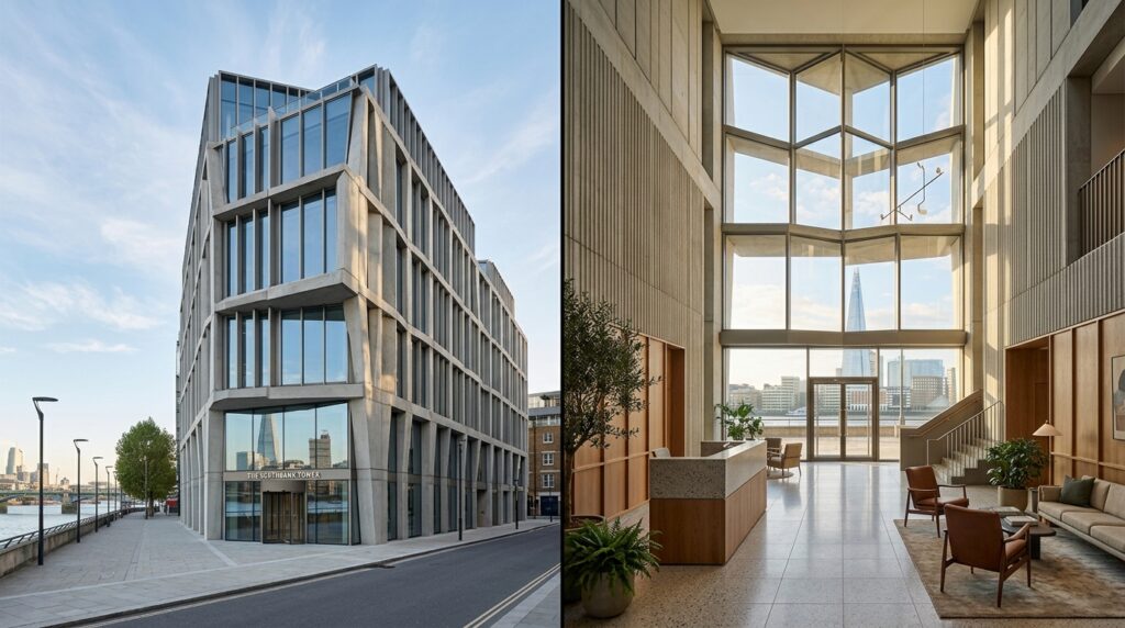 Split view showing London building exterior for architecture photography services and interior for interior photography demonstrating key differences