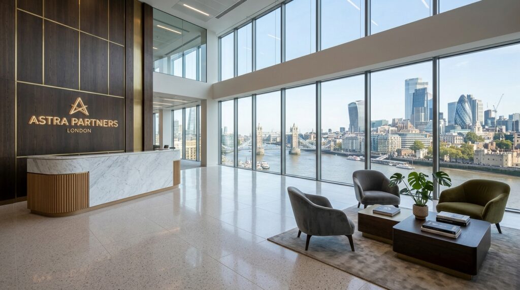 London Canary Wharf corporate office reception with stone desk Thames view and branded logo for office interior photography