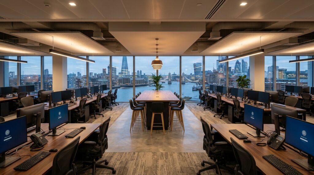 London City corporate office interior with floor to ceiling windows Thames view and clean workstations for office interior photography
