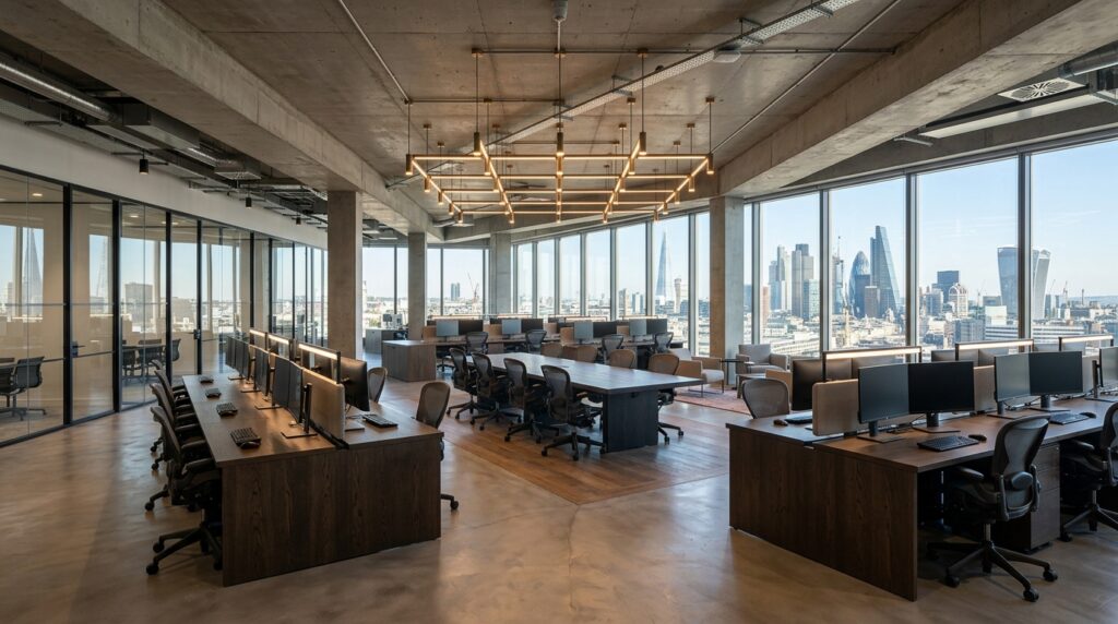London City corporate office open plan floor with pendant lighting cleared desks and London skyline for workspace interior photography