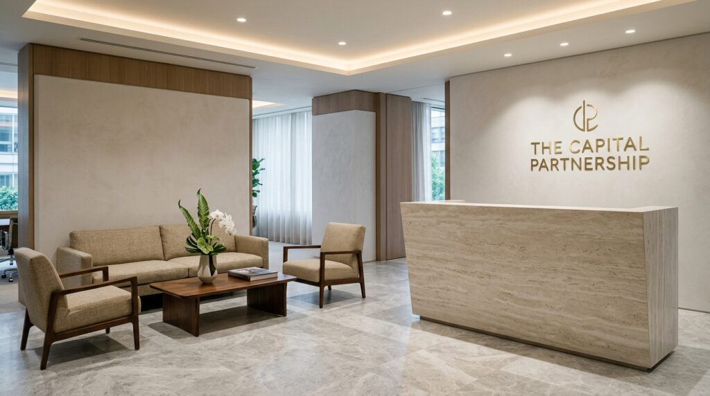 London Mayfair corporate office reception with marble desk brass logo bespoke seating and recessed lighting for corporate photography London