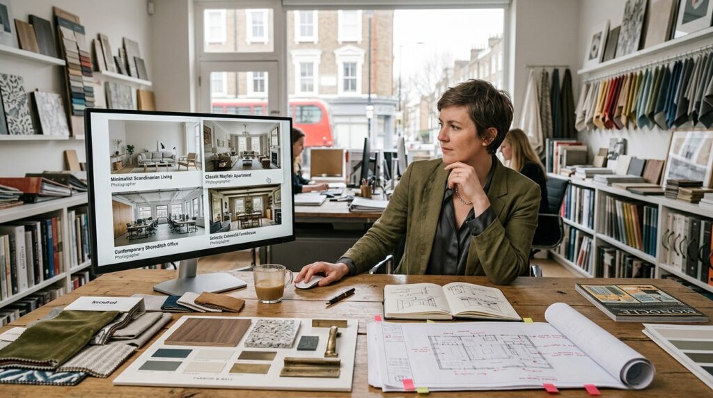 Interior designer in a London studio reviewing interior photographer portfolio images to match the right photographer to a specific London project brief
