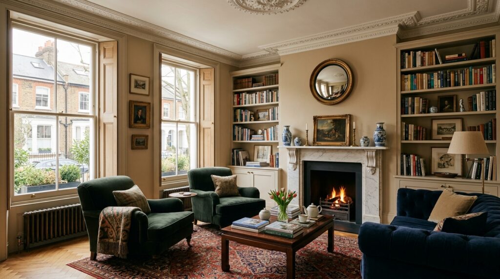 London Georgian townhouse living room in Kensington with sash windows marble fireplace and bespoke bookshelves for interior photography London