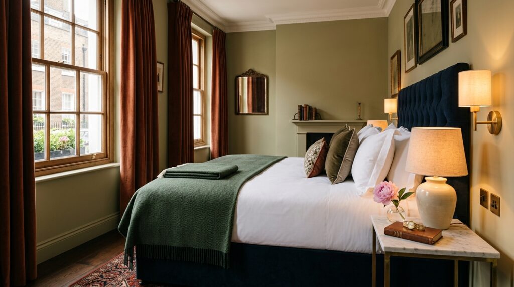 London boutique hotel bedroom with warm layered lighting, white linen and marble bedside table captured for commercial hospitality photography