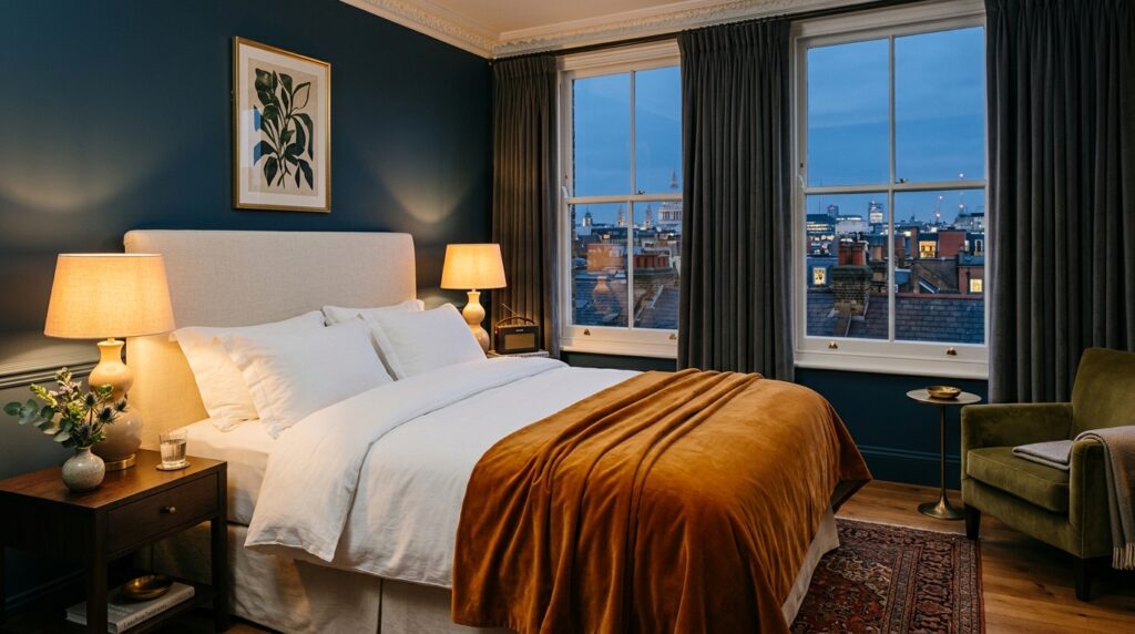 London boutique hotel bedroom with linen headboard, layered white bedding and warm sculpted lighting photographed by a professional hotel photographer
