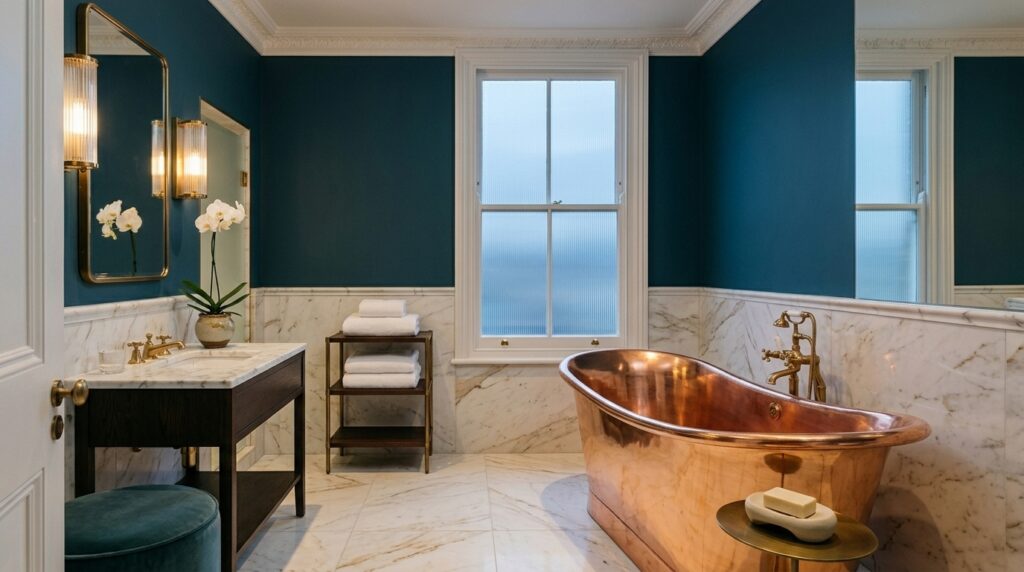 London luxury hotel suite bathroom with freestanding bath, marble tiles and diffused natural light captured as part of professional hotel photography services
