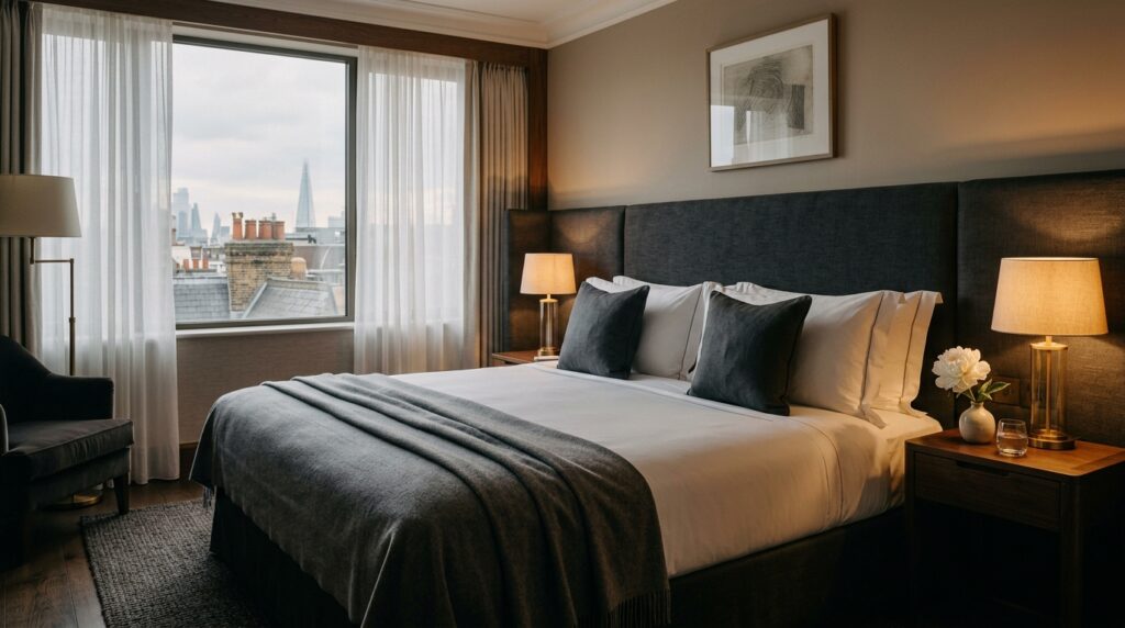 Premium London hotel bedroom with layered linen, cashmere throw and warm bedside lighting photographed with medium format quality for luxury hotel photography