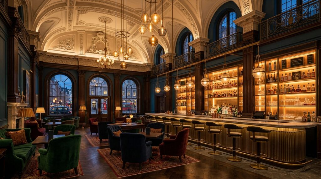 Grand London hotel lobby bar lounge with marble bar, amber pendant lighting and original period plasterwork captured by a professional hospitality photographer