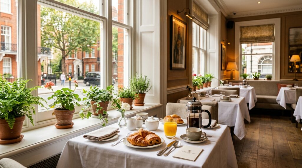 London hotel restaurant breakfast setting with morning light, white tablecloths and fresh breakfast service captured as part of hospitality brand photography
