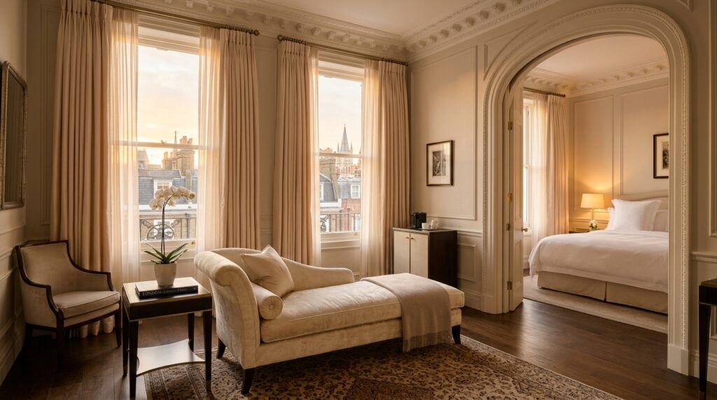 London five-star hotel suite sitting room with golden hour light, ivory velvet chaise longue and original period cornicing captured through luxury hotel photography