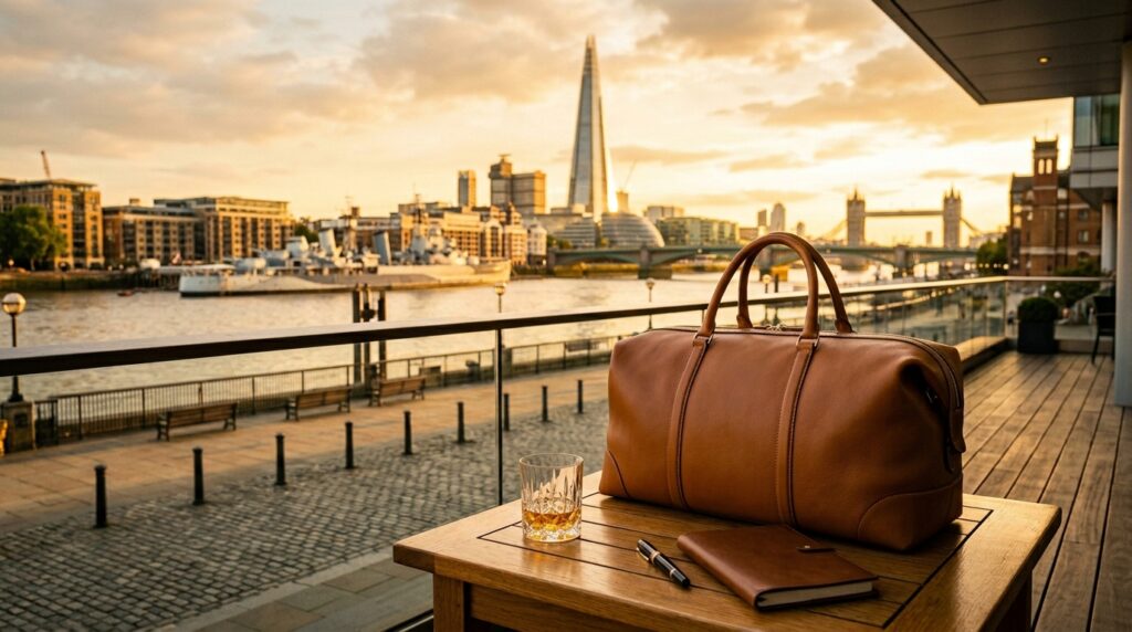 London South Bank advertising campaign product photograph at golden hour with Thames background and warm city light for professional advertising photography