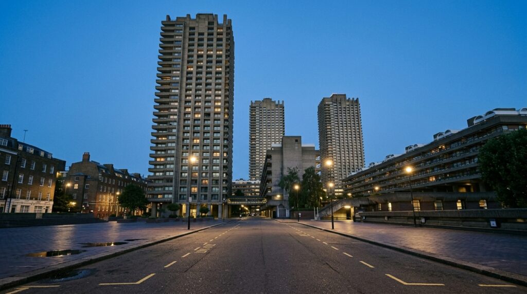 London architectural landmark with urban context and London roofline at dusk with building lighting beginning to glow for architectural photography London