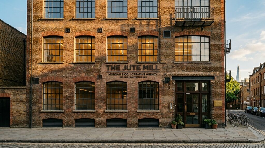 London Bermondsey converted Victorian warehouse office exterior with steel framed windows and warm afternoon brick light for office photography London