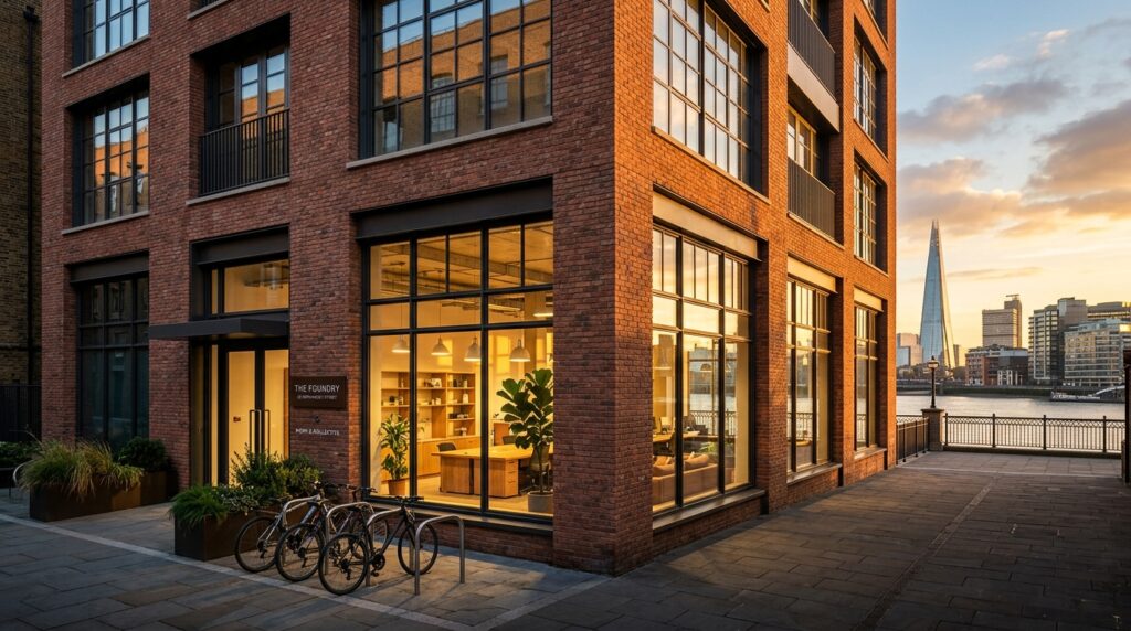 London Southbank contemporary office building exterior at golden hour with warm brick facade Thames visible and designed interior glowing within for office photography London