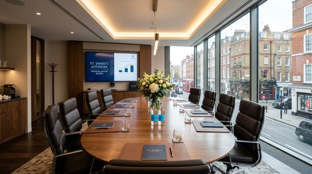 London office boardroom in Clerkenwell with walnut conference table leather chairs and glazed wall overlooking the street by an office interior photographer