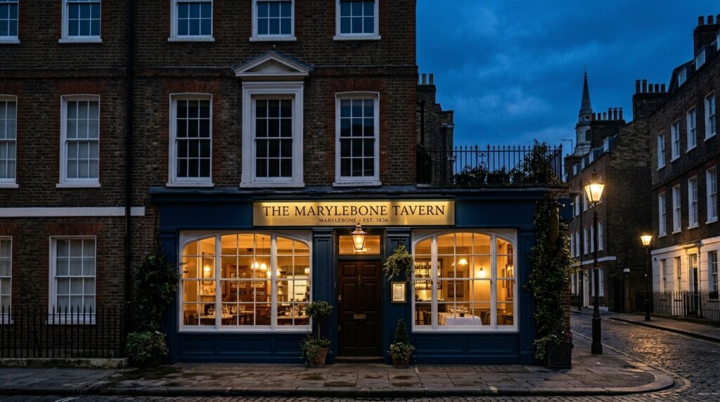 London restaurant in a Georgian townhouse exterior at dusk with warm interior light glowing through sash windows captured by a restaurant photographer London