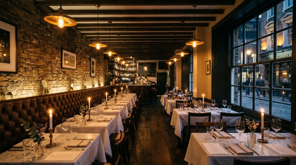 London restaurant interior at evening service with candlelit tables white linen and amber pendant lights by a restaurant interior photographer