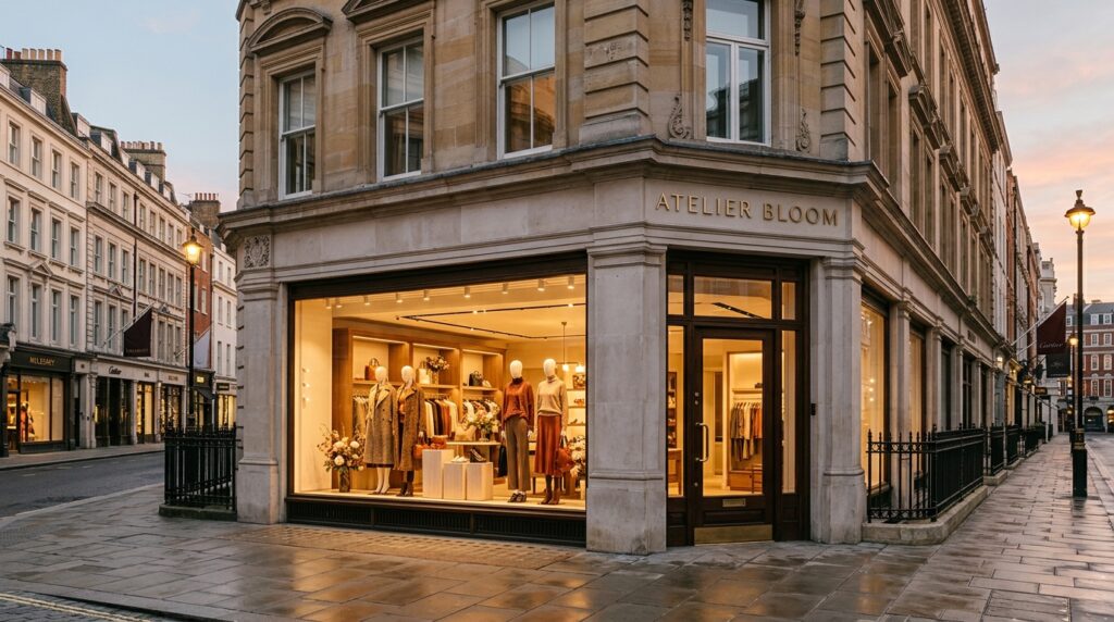 London flagship retail store exterior on Bond Street at golden hour with lit display window and Georgian facade by a retail photographer London