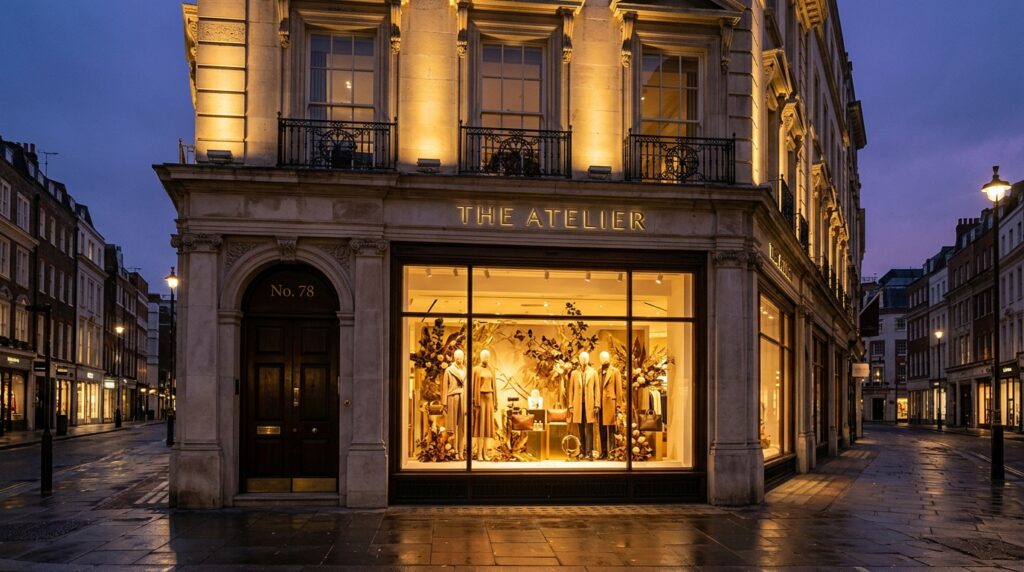London flagship retail store exterior on Bond Street at dusk with styled window display and Georgian stone facade for retail store photography