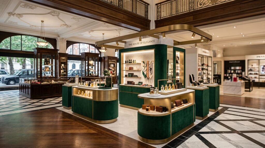 Luxury brand concession installation in a Knightsbridge premium retail environment with bespoke display plinths and warm directional lighting by a Harrods photographer