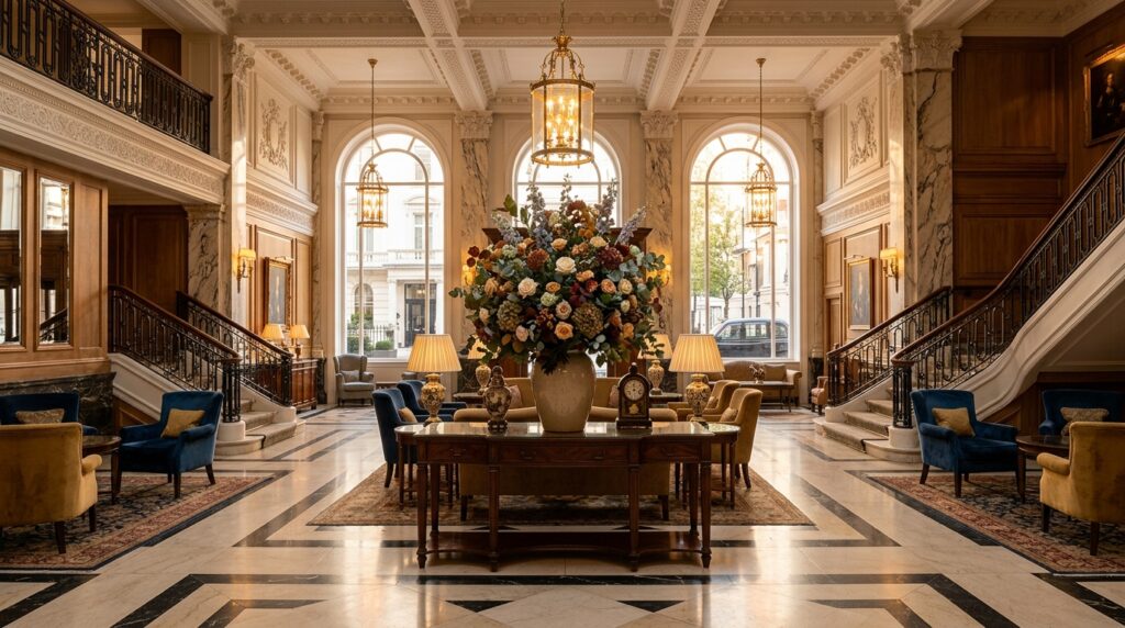 Grand London luxury hotel lobby with marble floors, bespoke floral arrangement and warm golden hour light captured by a professional hotel photographer