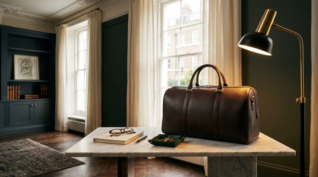 London Mayfair townhouse interior with luxury product on marble surface and warm directional lighting by a commercial advertising photographer