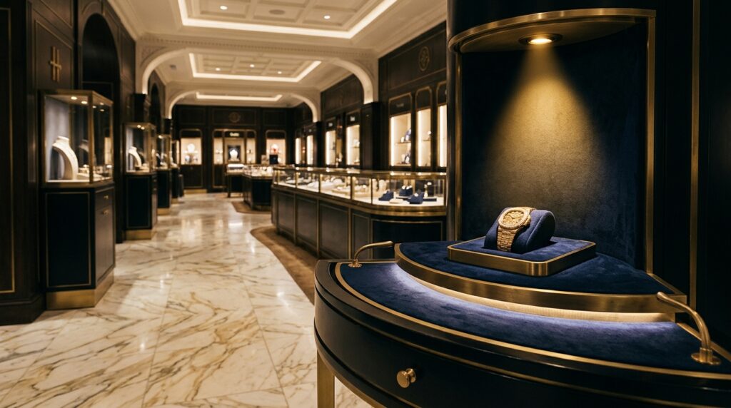 Knightsbridge luxury retail interior with gold fittings marble flooring and precision product lighting by a professional Harrods photographer