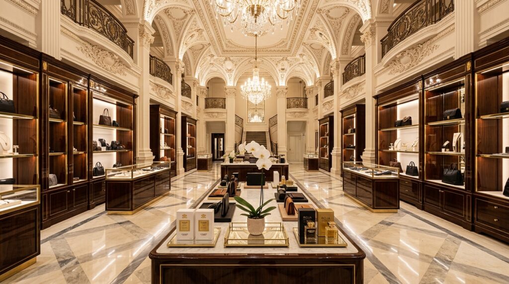 Wide Knightsbridge luxury retail interior with lacquered display cases brass fittings marble floor and central display island for Harrods interior photography