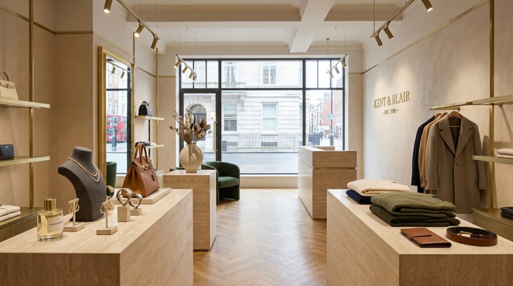 London luxury retail store interior in Knightsbridge with curated product plinths brass fittings and herringbone floor for retail store photography