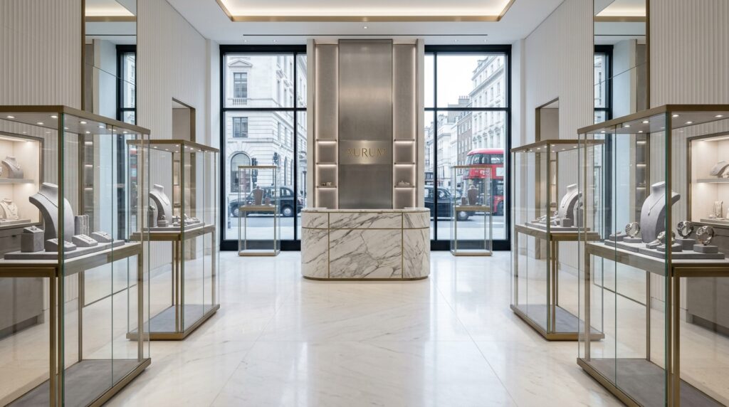 London luxury retail store on Knightsbridge with marble desk glass display cases and precision lighting by a retail interior photographer