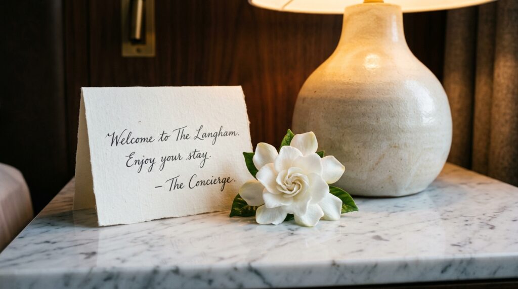Close-up detail of a London luxury hotel suite marble bedside table with sculptural lamp and gardenia captured as part of professional luxury hotel photography services